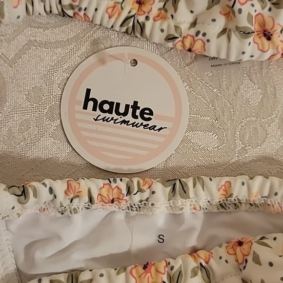 HAUTE swim pink poppies green leaves ribbon bows edging triangle string bikini - Picture 15 of 17